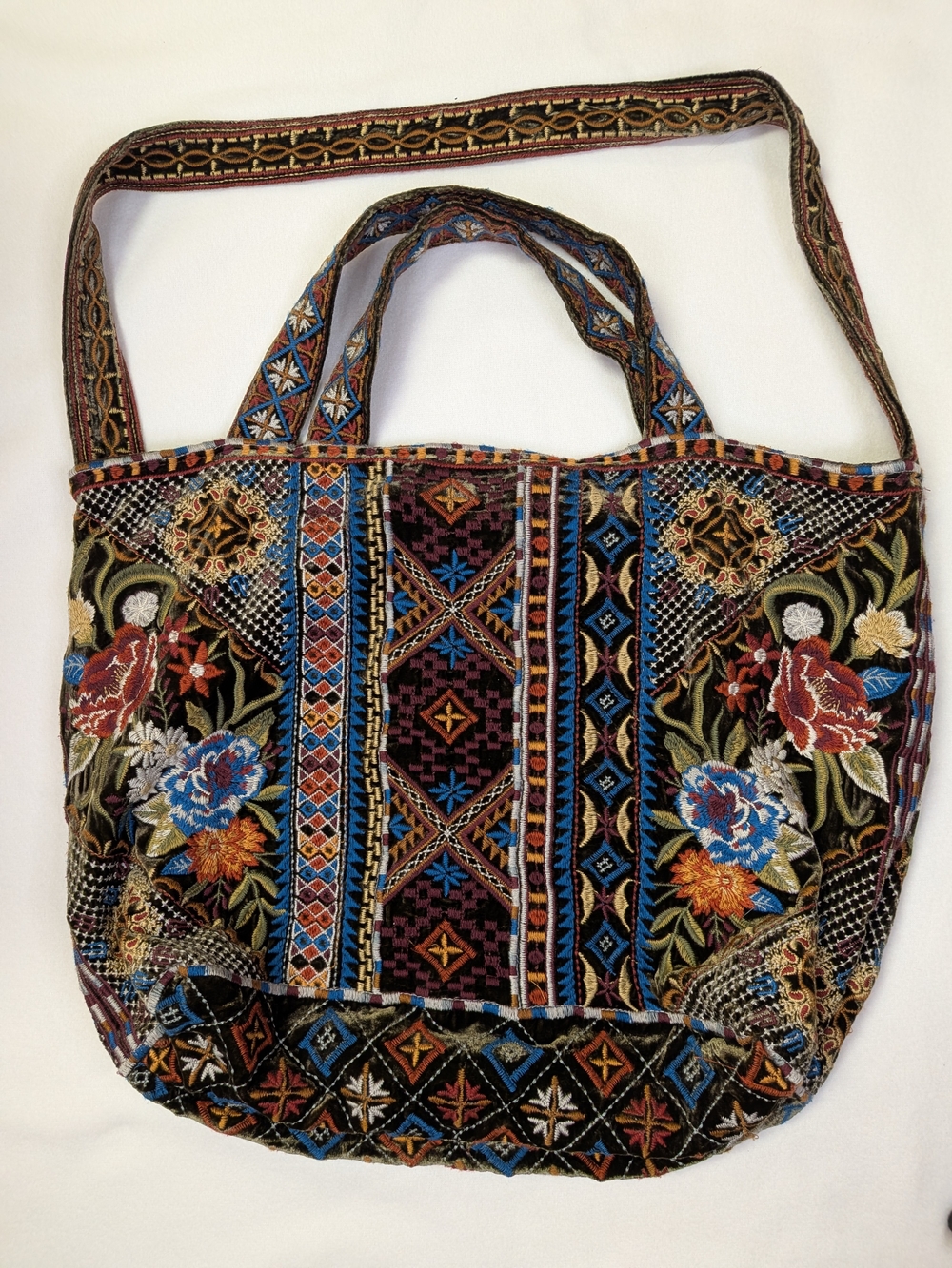 Johnny Was Olive Green Velvet Embroidered Boho Tote Crossbody Bag Floral